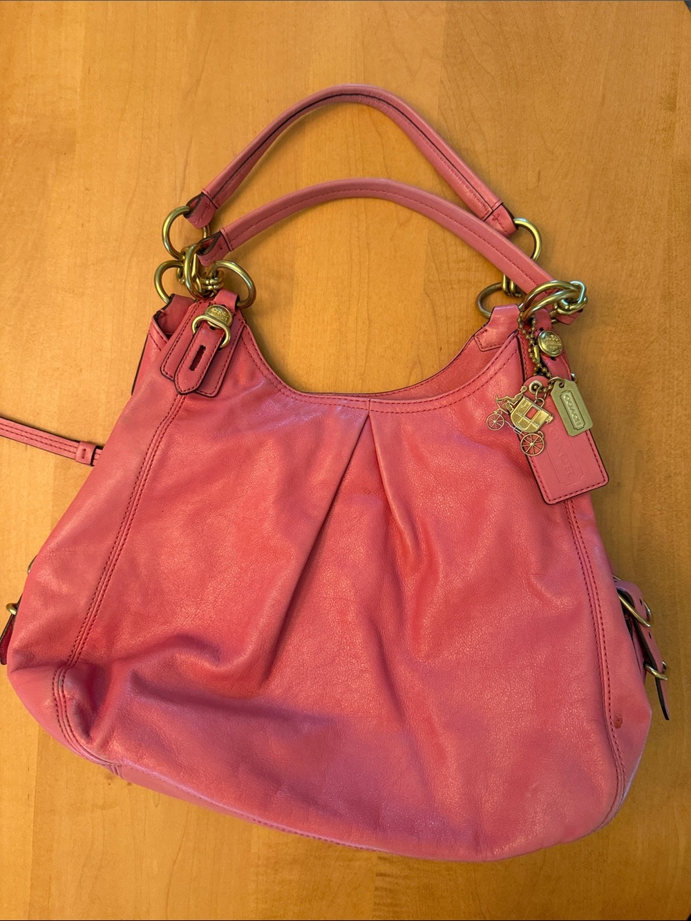 Coach Pink Leather Pleated Shoulder Bag with Gold Charm